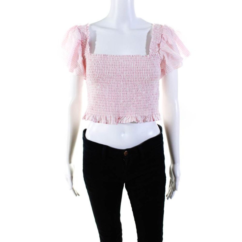 Love Shack Fancy Womens Striped Ribbed Short Sleeve Cropped Blouse Pink Size XL